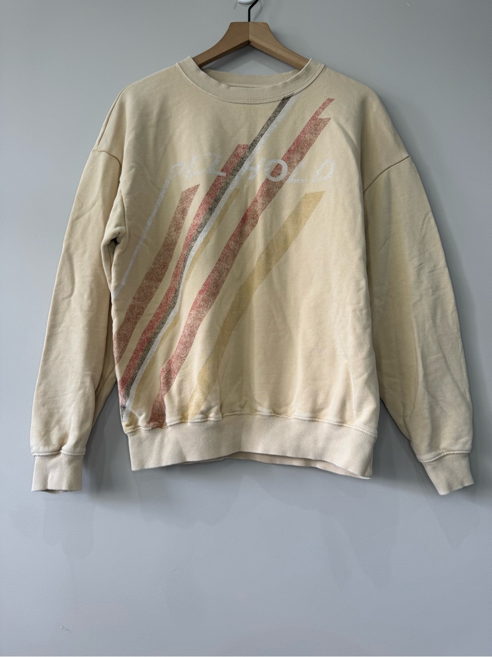 Offline Cream Crewneck Sweatshirt with Retro Stripe Graphic Oversized Small